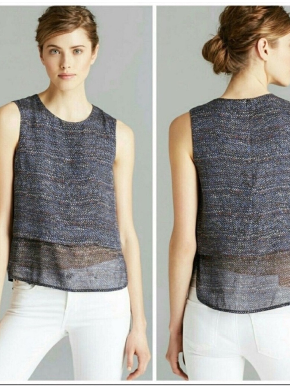 Theory "Hodal C" Multi-Tweed Print Silk Sleeveless Blouse size petite S